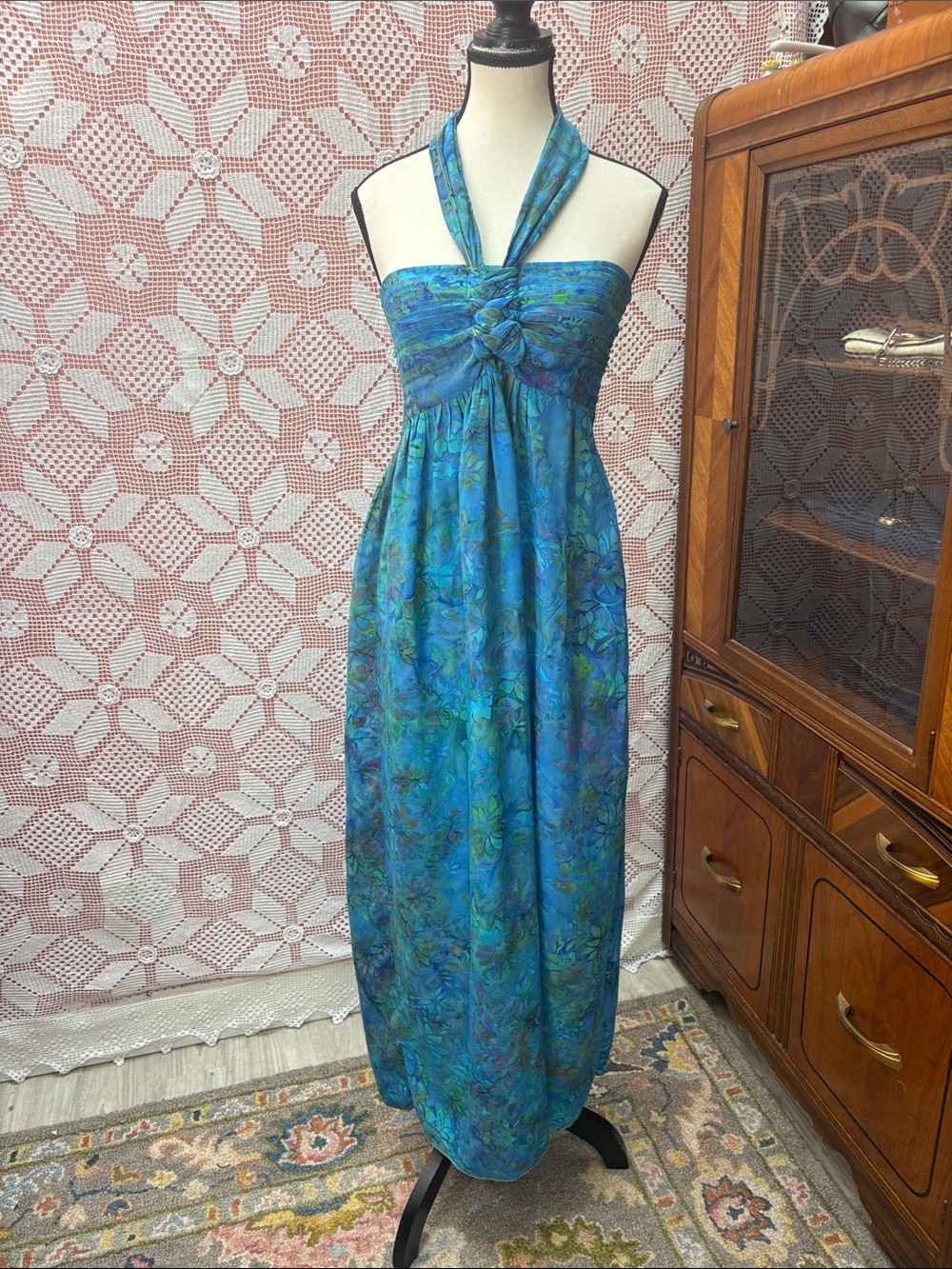 Blue Batik Halter Maxi Dress Sz S-L